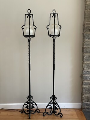 Antique French Tudor Wrought Iron Torchiere Lantern Floor Lamp