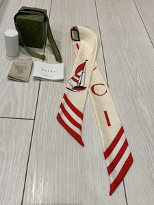 Gucci Silk Scarf Sail Ship Design Red X Cream
