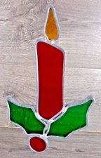 6"  Leaded Stained Glass Holly Berry Christmas Candle Sun Catcher Ornament