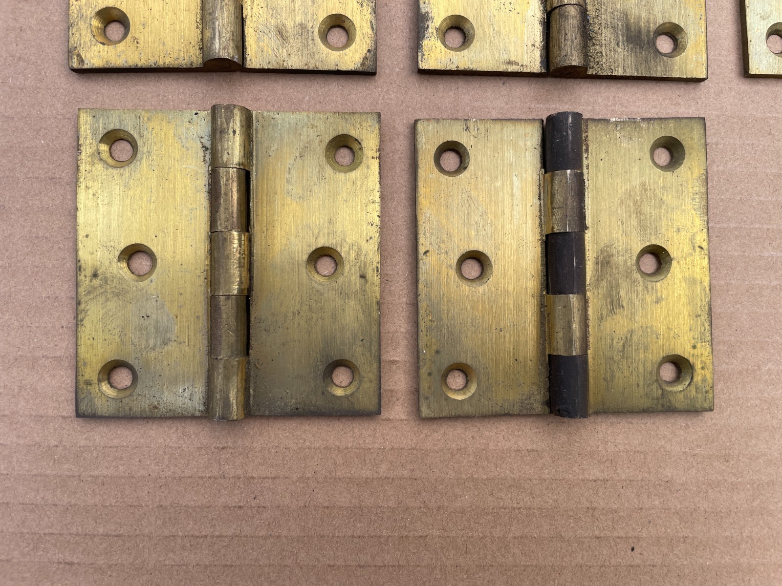 Lot of (5) Vintage Solid Brass 3x3 DOOR HINGES Unused with Storage Patina NOS