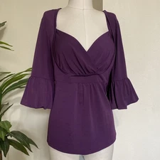 AB Studio Y2K Babydoll Top Women's XL Purple 3/4 Bell Sleeve Sweetheart Stretch