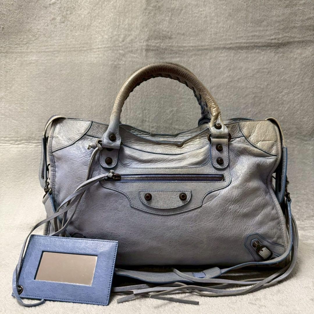 BALENCIAGA The City 115748 Blue Leather Two Way Bag Y2K Shoulder Vintage Auth