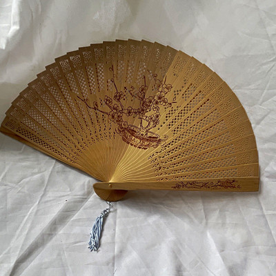 Wood Folding Hand Fan Pierced Carved Floral Cutout Tassel Beige/Brown Asian