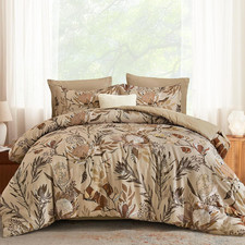Queen Comforter Set 7 Pieces Bedding Sets, Khaki Floral Comforter and Sheet Set,