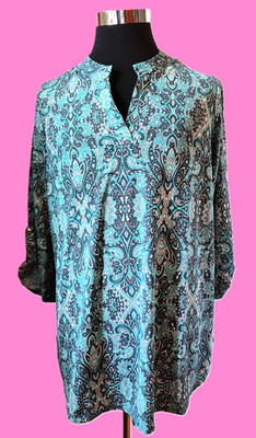 NWT Dear Scarlett Lizzy Pullover Blouse Women's Size XL Teal Paisley Stretch