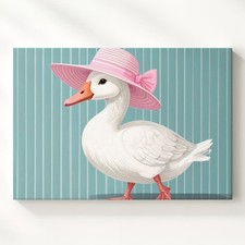 Elegant Goose With Pink Sunhat Canvaswhimsical Nursery Wall Art
