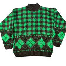 Vintage 1980s Adele Knitwear Green Black Plaid Argyle Mock Neck Sweater USA Made