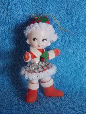 Vintage Pixie Elf Flocked Silver Sequin Christmas Ornament With Plastic Face