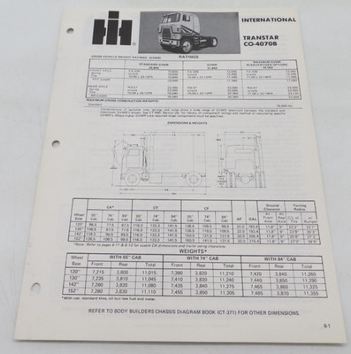 1970's INTERNATIONAL TRUCKS TRANSTAR CO-4070B Data Spec Sheet Dealer Brochure