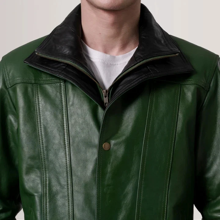 Forest Green Genuine Leather Jacket Classic Casual Winter Coat Button Front - product detail image 4