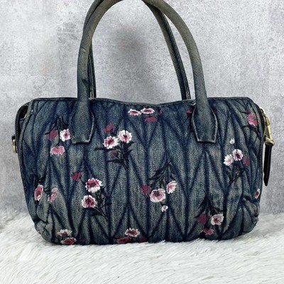 Miu Miu Denim Two Shoulder Bag With Quilted Floral Pattern Navy