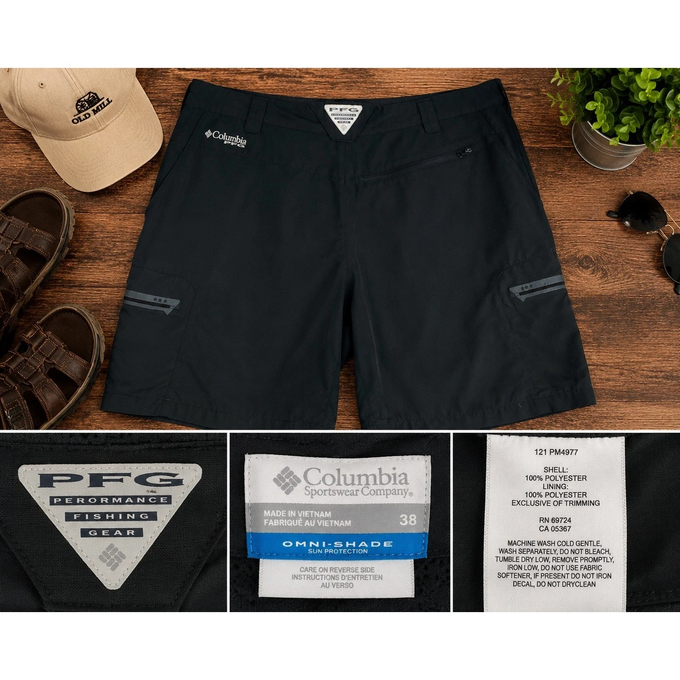Columbia PFG Mens Black Omni-Shield Fishing Shorts Size 36 Cargo Performance