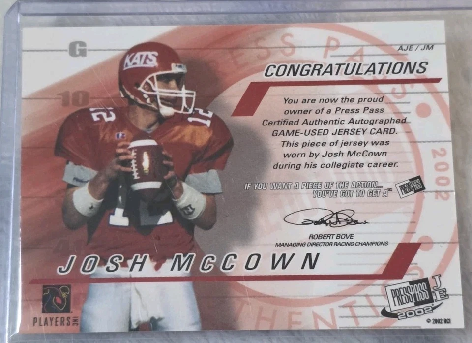 2002 PRESS PASS JOSH MCCOWN GAME USED JERSEY AUTO /25 ON CARD  - Image 2 of 2