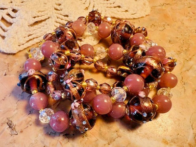 Perlenkette Lampwork Muranoglas Roségoldtöne vergoldet - 65 cm