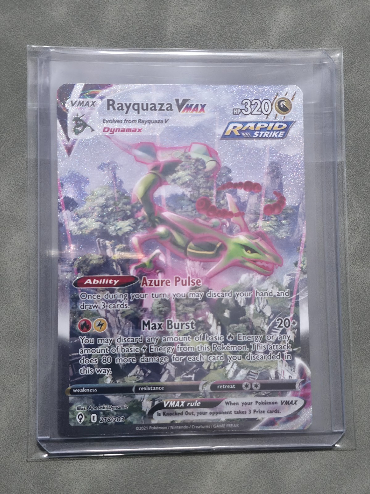 Rayquaza VMAX Alternate Art Secret Rare 218/203 Evolving Skies Holo PERFECT CARD