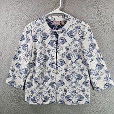 Chico's Womens Jacket Blazer White Blue Floral Print Collarless Size 0