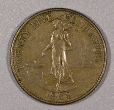 1958 Philippines 25-Centavos Nickel-Brass Coin, Extra Fine