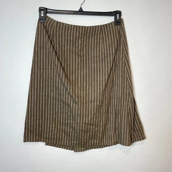 Burberry Women’s Linen Blend Striped Wrap Skirt Brown Size 4 Knee Length Lined - Image 3 of 4