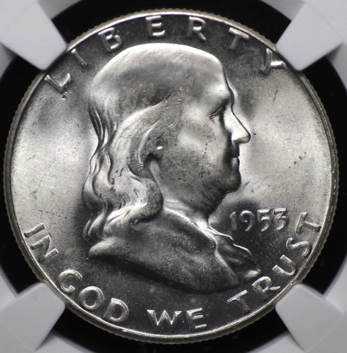 1953 S FRANKLIN HALF DOLLAR NGC MS 64 SMOOTH AND BRILLIANT SATIN WHITE OBVERSE,
