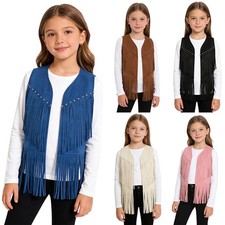 Kids Western Cowboy Vest Open Waistcoat Stud Tassels Fringed Hem Party Costume