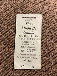 Ticket Stub - THEY MIGHT BE GIANTS - 14 DEC 1996 - METROPOL - PITTSBURGH
