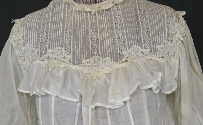 Blusa antigua blanca encaje/césped mujer manga larga busto 34 victoriano 1800 Foto 2 de 4
