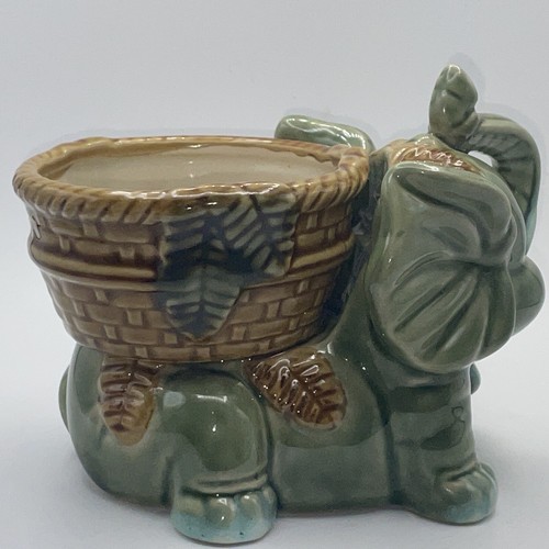 Vintage Ceramic Happy Elephant Planter Trunk Up Green Pottery Brown Green Glaze - Picture 4 of 11