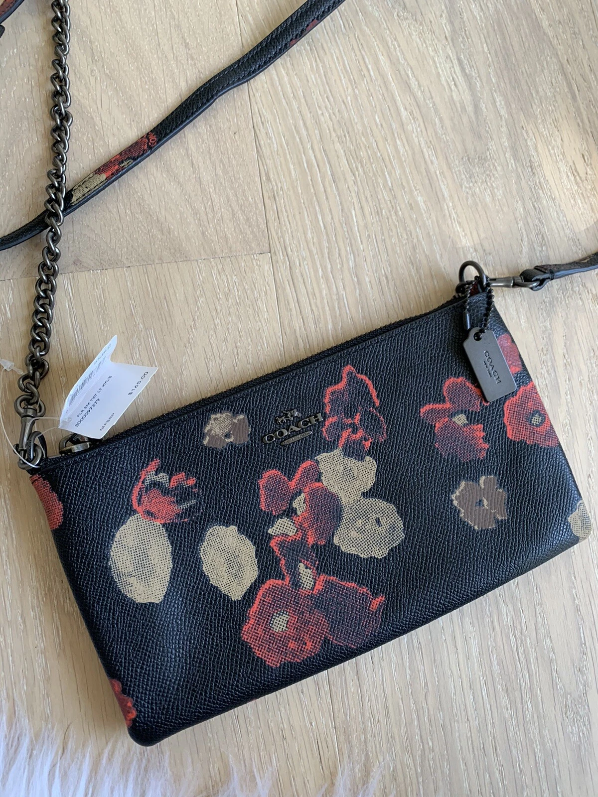 Borsa a tracolla piccola Coach nuova con etichette o frizione in pelle floreale rimovibile