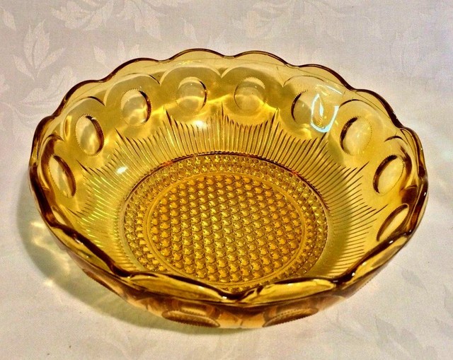Thumbprint Pressed Amber Glass Bowl Scalloped Rim Dramatic Central