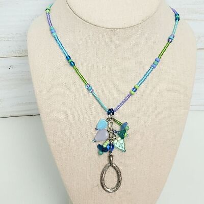 Silver Pendant Ring w Colorful Pastel Leaf Flower & Seed Bead Necklace