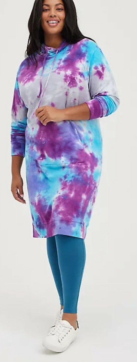 blue and purple tie dye dress NWT Torrid Plus Size 0 Large HOODIE FRENCH TERRY & 37 to 41 Collection: SPRING - DROP2 Brigitte Brianna Swing Dress Size:5X
