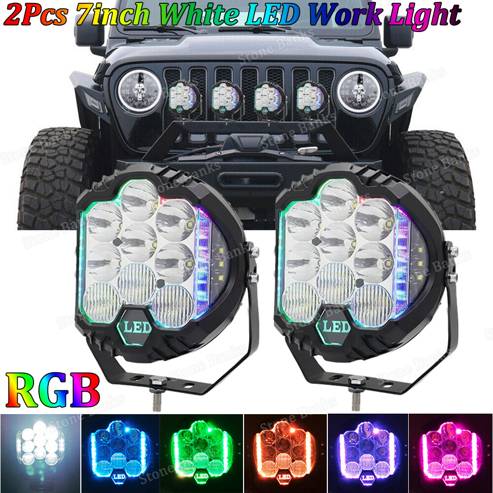 2PC 7inch LED Work Light Spot Flood Combo Offroad Truck SUV Driving Fog Lamp RGB