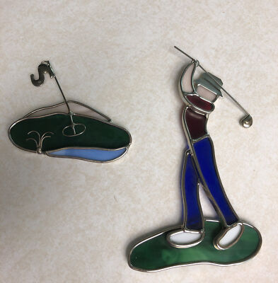 Vintage Stained Glass Golfer Swinging Away & Green ,Flag Waiting. Hanging Colors