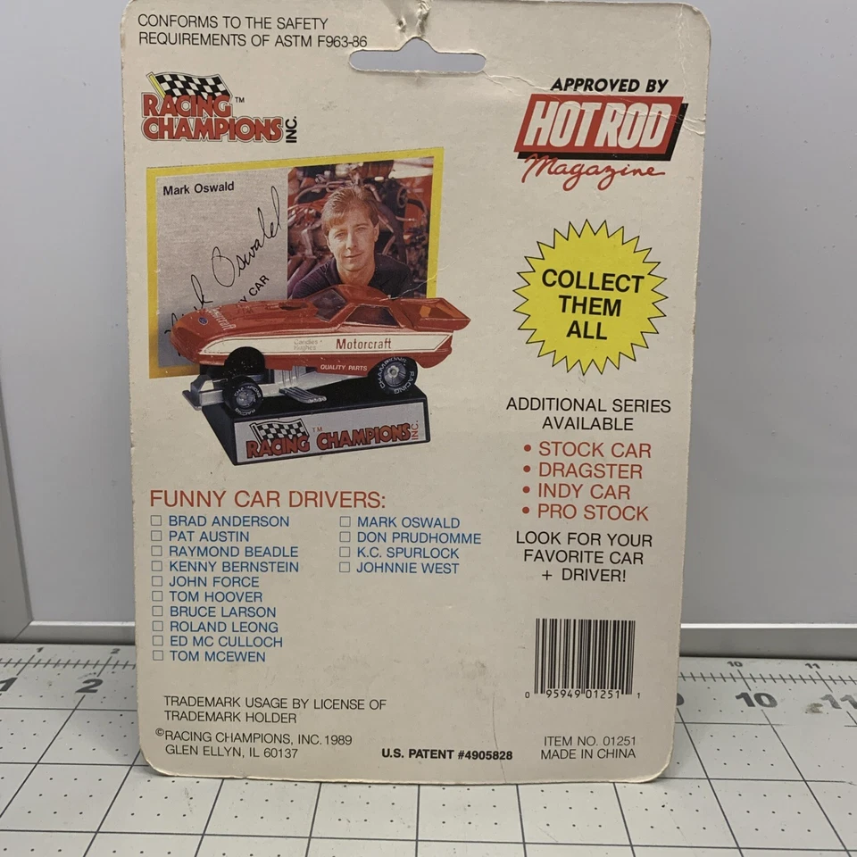 VINTAGE 1989 MARK OSWALD "MOTORCRAFT" 1/64 NHRA F/C DIE CAST FUNDO PLANO PKG - Imagem 4 de 4