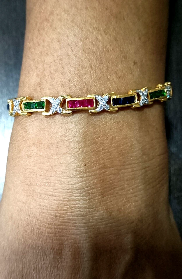 14K Gelbgold Plattiert Simulierte Rubin Saphir, Smaragd & Diamant Tennisarmband - Bild 2 von 4