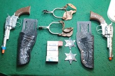 Vtg 2 Pony Boy Toy Cap Toys, And Holsters, W/ Spurs, Sheriff Badges, And Caps