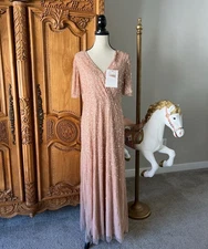 NWT Mac Duggal 35109 Nude Pink Size 12 Embellished Flutter Sleeve Gown Dress