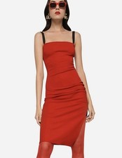 DOLCE & GABBANA Ruched Red Midi Fitted Stretch Viscose Slip Dress 38IT