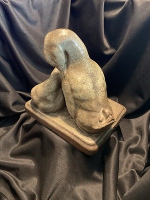 Signed Pottery Stoneware  Sculpture Pair Of Ducks With Matte Green Glaze