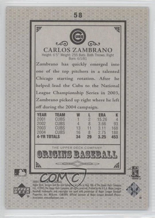 2005 Upper Deck Origins Old Judge Carlos Zambrano #58 - Image 2 of 2