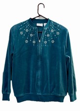Alfred Dunner Womens Jacket Size 14 Blue Velour Floral Rhinestone Zip Up