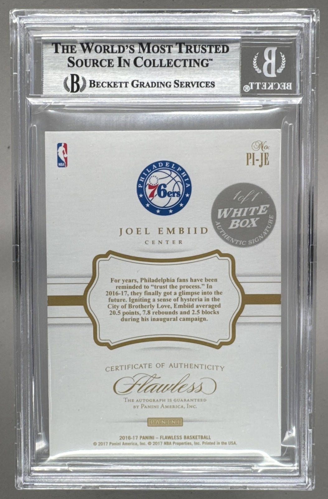 Joel Embiid 2016 Panini Flawless White Box Platinum Premium Ink Auto 1/1 BGS 8 view 2
