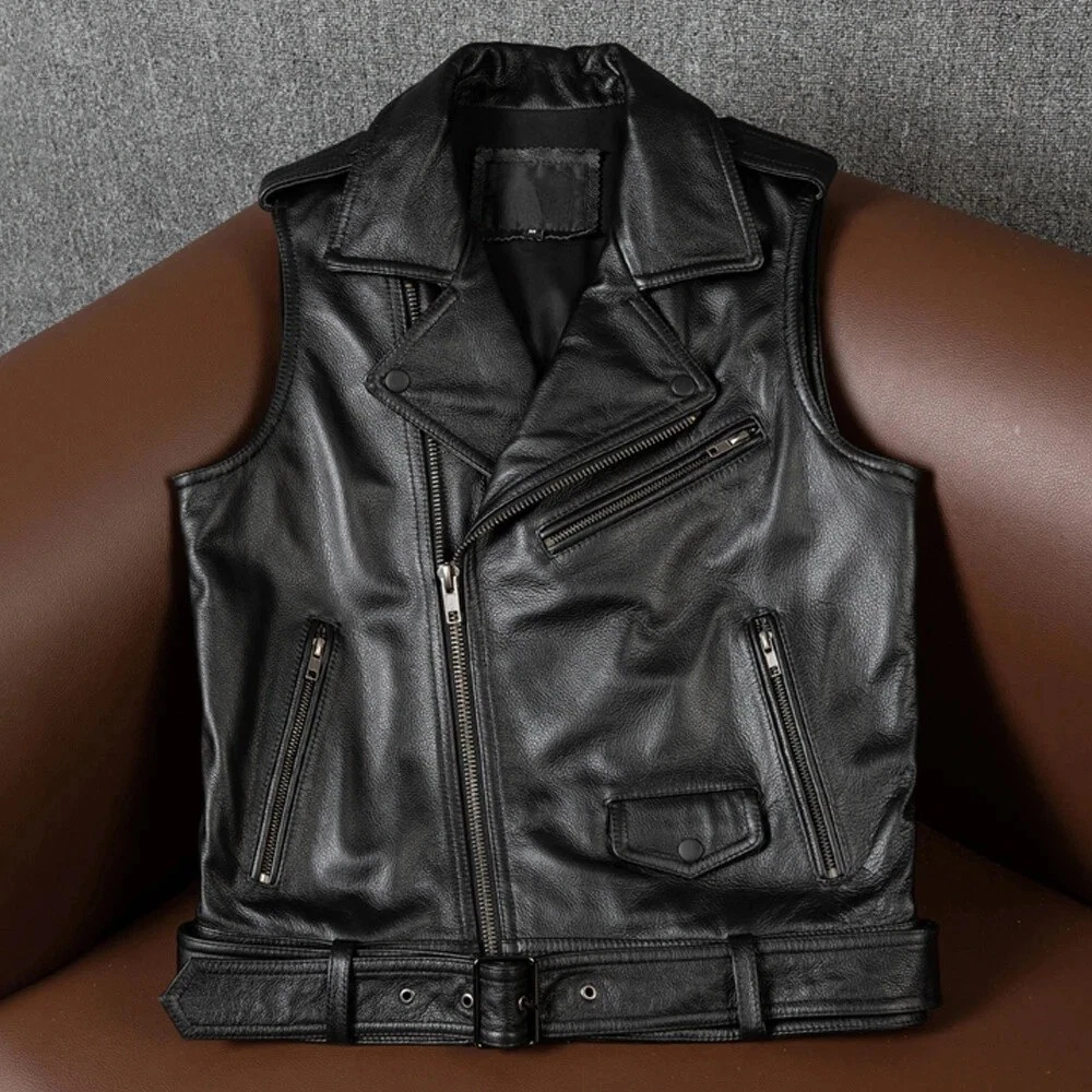 Men's Real Lambskin Leather Motorcycle Black Cafe Racer Biker Real Leather Vest