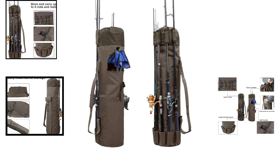 Versátil Bolsa de Pesca de Lona Caqui - Organiza 5 Cañas y Aparejos, Diseño Ergonómico Foto 2 de 4