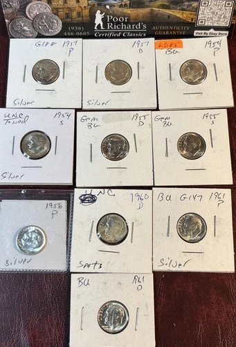90% Silver Dimes-Bullion Prices! 10 Diff BU & PR Shown .728 Oz Pure Silver! LD85