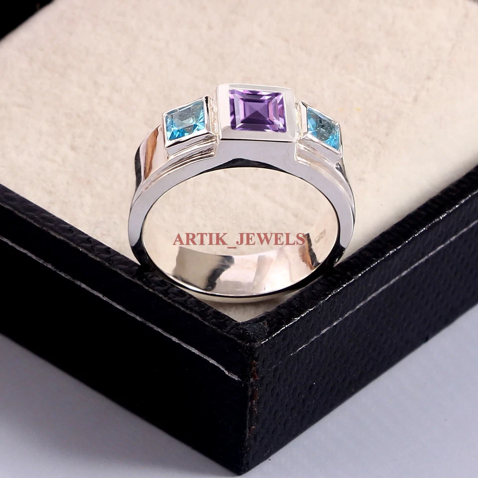Piedras preciosas de amatista natural y topacio azul con anillo de plata de ley 925 para hombre #5722 Foto 3 de 4