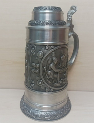 SKS Zinn 95% Pewter German 3D Relief Stein Men Socializing Card Playing Vintage