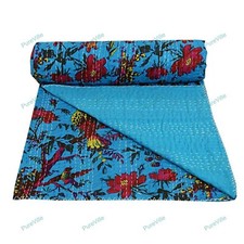 Couverture De Lit Kantha Bleu Ciel Motif Fleurs Et Oiseaux Pour Lit Double