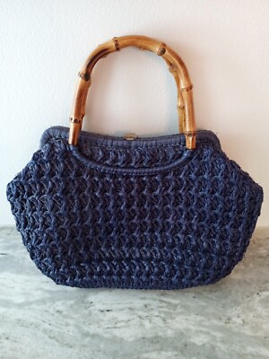 Vintage MCM It's in The Bag for Ritter Blue Woven Purse Cane Handle Made Japan