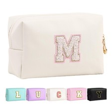 Personalized Initial Makeup Bag Chenille Letter Waterproof Zipper Cosmetic Ba...